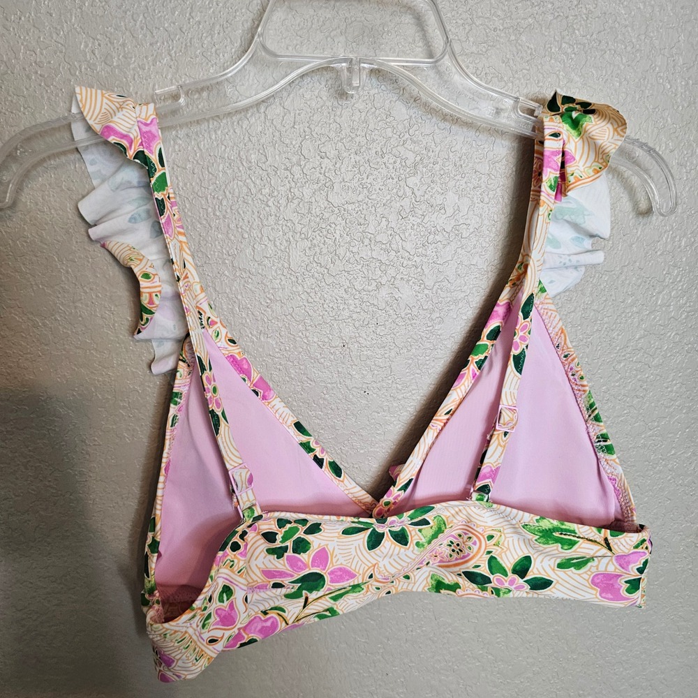 Aerie Triangle Bikini Top Large Floral Paisley Ruffle Pink Green - Picture 3 of 4